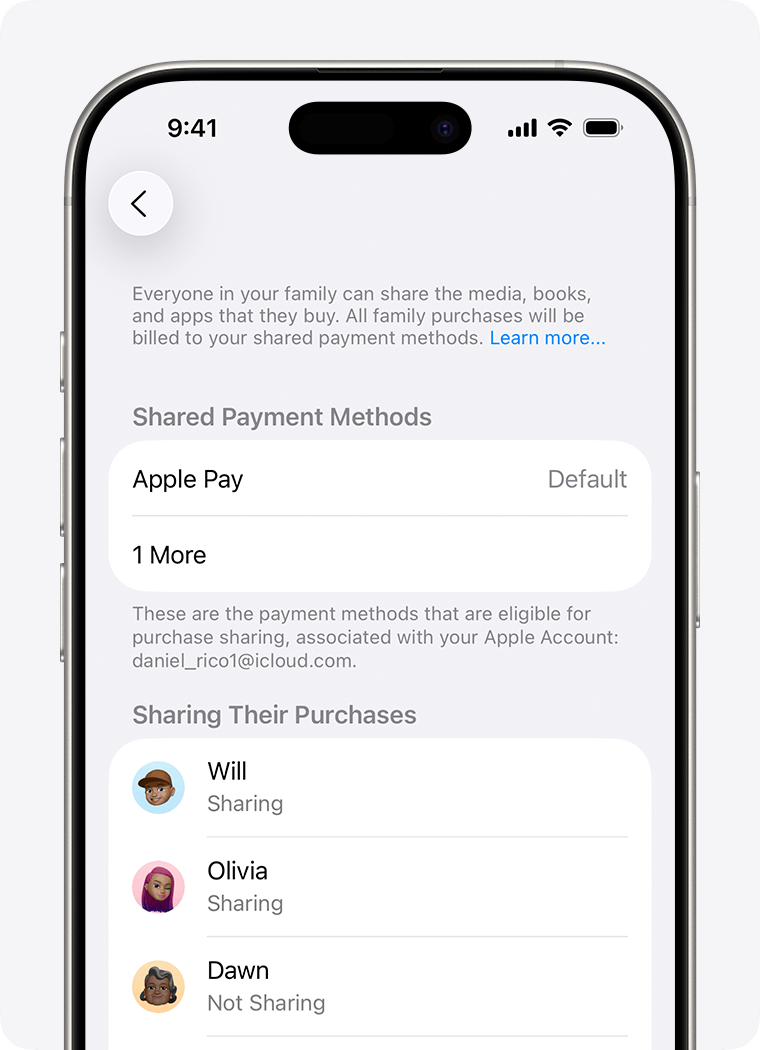 iPhone 屏幕显示了“购买项目共享”的付款方式。
