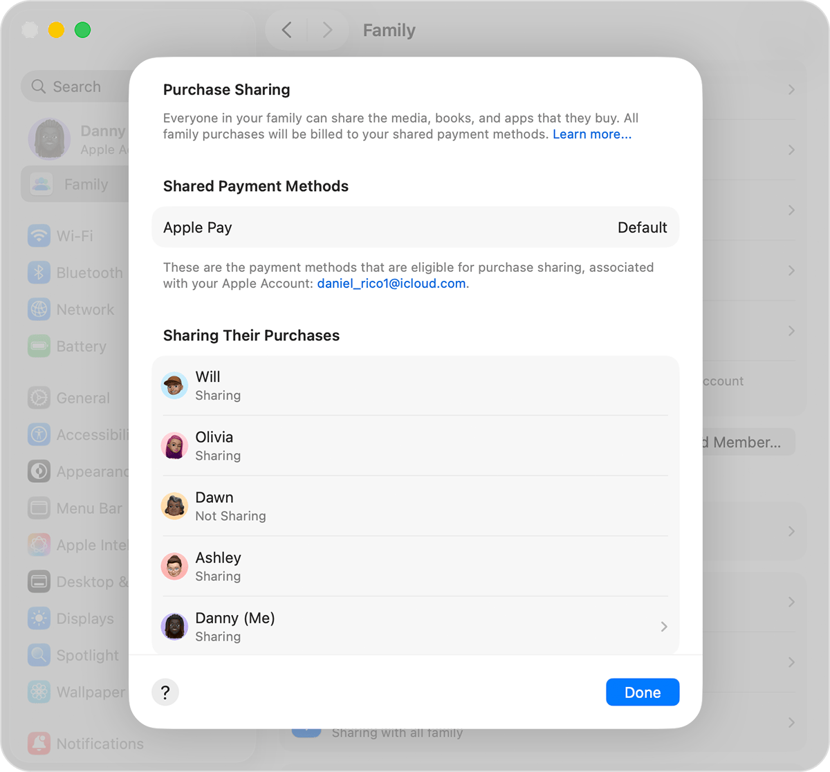 Mac 屏幕显示了“购买项目共享”的付款方式。